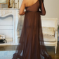 Gold Asymmetric Maternity Gown with tulle Train, Gender Reveal Dress,DS0380