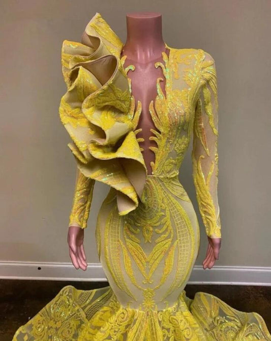 Yellow Robe De Soiree Mermaid Long Sleeves Appliques Sequins Long Prom Dresses Prom Gown Evening Dresses,DS0397