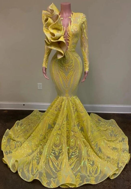 Yellow Robe De Soiree Mermaid Long Sleeves Appliques Sequins Long Prom Dresses Prom Gown Evening Dresses,DS0397