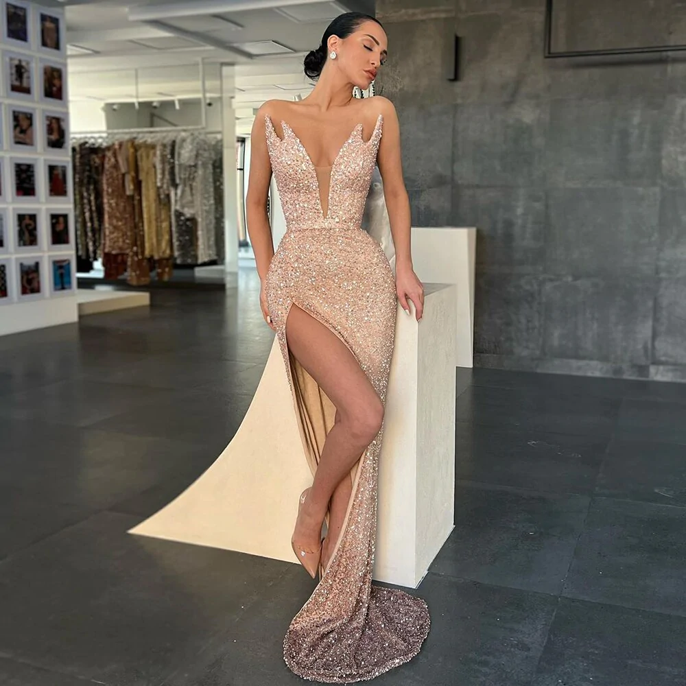 BACK TO SCHOOL OUTFIT SPARKLE EVENING DRESSES 2022 LUXURY LONG V-NECK SIMPLE MERMAID PROM GOWNS SLEEVELESS SIDE SPLIT SEXY ELEGANT FORMAL PARTY DRESS,DS5139
