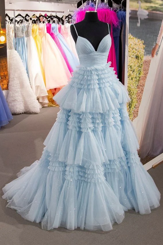 Elegant Light Blue Side Slit Tulle Long Prom Dress,DS5146
