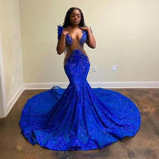 Long Black Girl Prom Dresses Mermaid Royal Blue Prom Dress Sequins Gala Gown ,DS4858