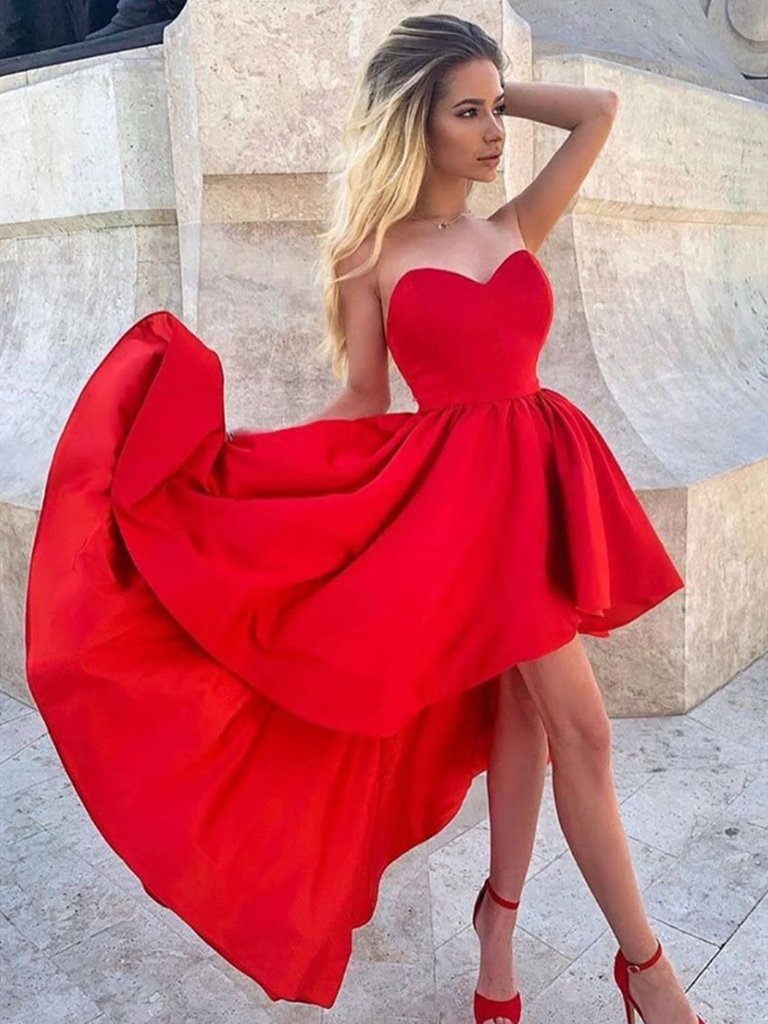 Red Satin High Low Prom Dresses, Red Satin High Low Formal Evening Dresses,DS1622