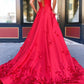 Red V Neck Satin Long Prom Dresses, Red V Neck Long Satin Formal Evening Dresses,DS1477