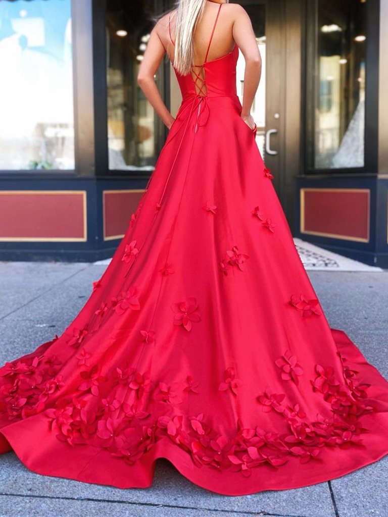 Red V Neck Satin Long Prom Dresses, Red V Neck Long Satin Formal Evening Dresses,DS1477