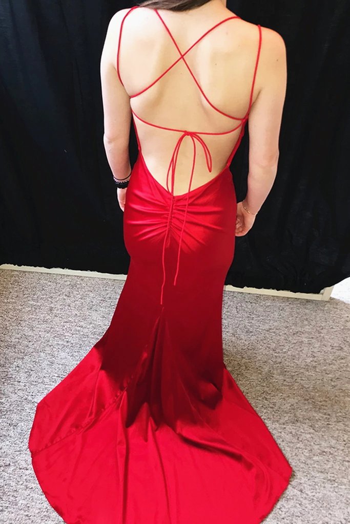Red Mermaid Backless Prom Dresses, Red Mermaid Open Back Formal Evening Graduation Dresses,DS1741