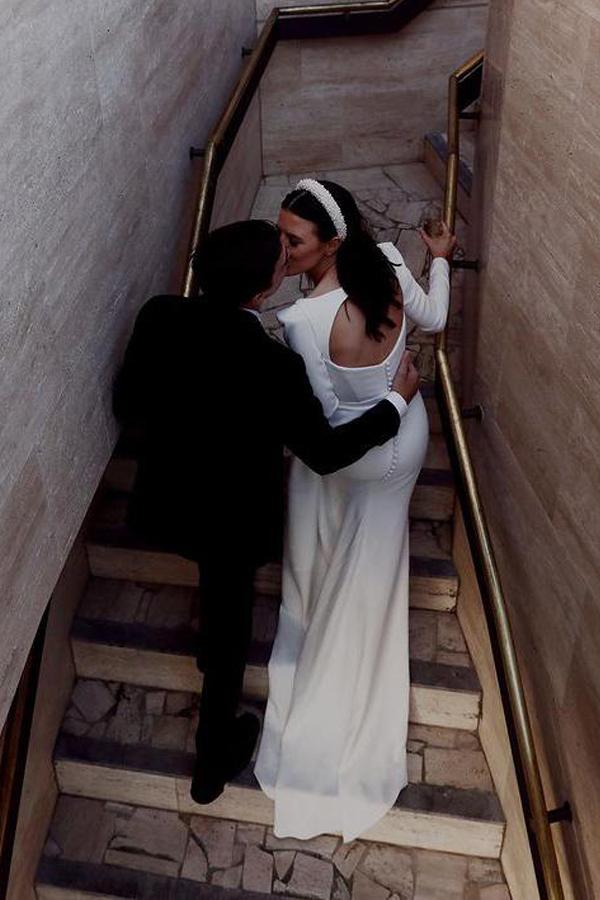 Retro Satin Long Sleeves Sweep Train Sheath Wedding Dress Bridal Gown,DS2673