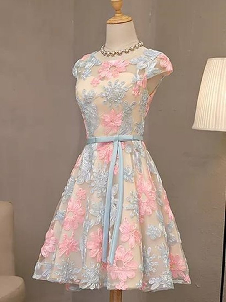 Round Neck Cap Sleeves Colorful Lace Prom Dresses, Cap Sleeves Colorful Lace Homecoming Dresses, Short Colorful Lace Formal Evening Dresses,DS0955