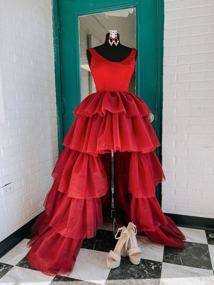 Round Neck Dark Red High Low Prom Dresses, Dark Red High Low Formal Evening Dresses,DS1388
