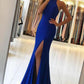 Royal Blue Halter Neck Prom Dresses with Slit, Royal Blue Formal Dresses, Royal Blue Evening Dresses,DS1859