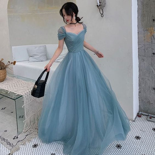 A-Line Princess Square Neckline Short Sleeve Floor-Length Prom Dresses,CD3166