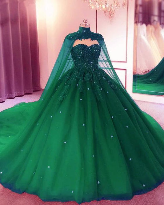 Green Sweetheart Ball Gown Prom Dress With Cape ,DS4360