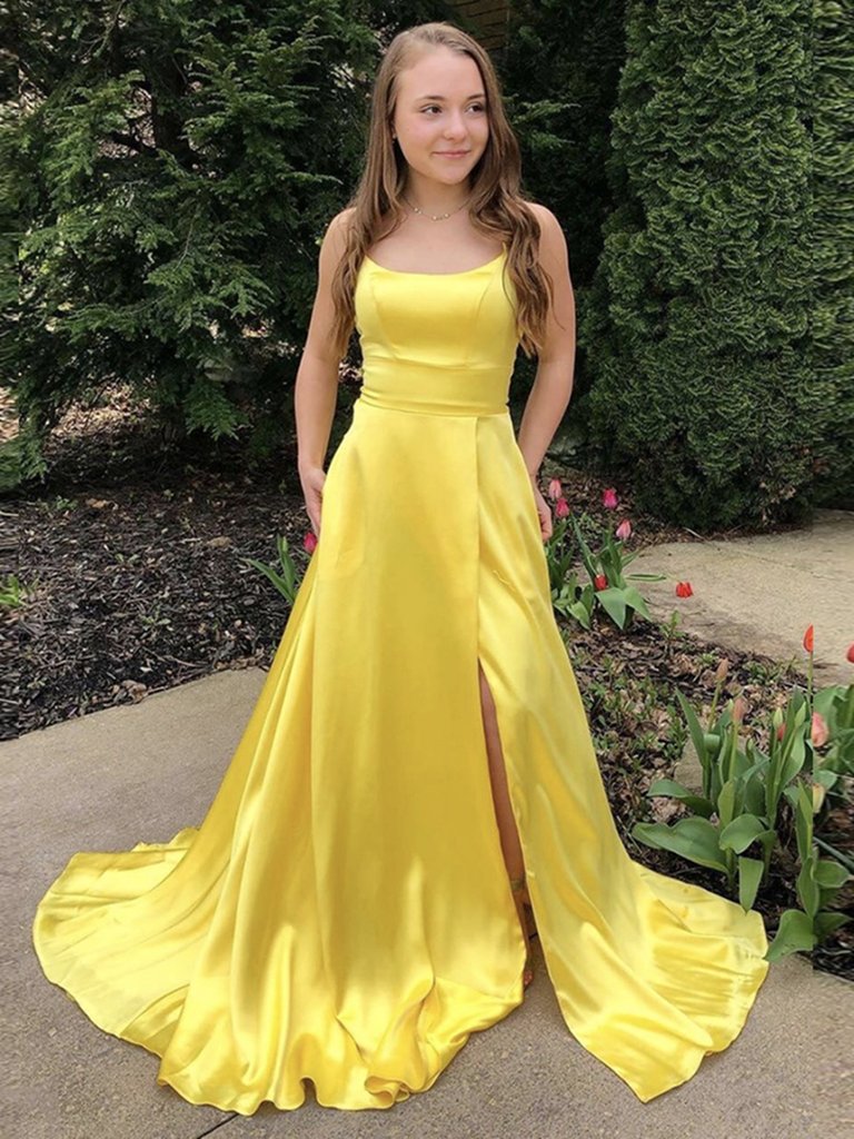 Scoop Neck Yellow Satin Prom Dress with Leg Slit, Yellow Satin Long Formal Evening Dresses,DS1636