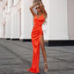 2022 Cocktail Party Women Wear Long Prom Dresses Sexy Side Split Ruched Bridesmaid Gowns Spaghetti Straps Vestidos De Fiesta,LW015