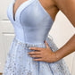 Shiny A Line V Neck Blue Tulle Prom Dresses, Blue V Neck Long Formal Evening Dresses,DS1459