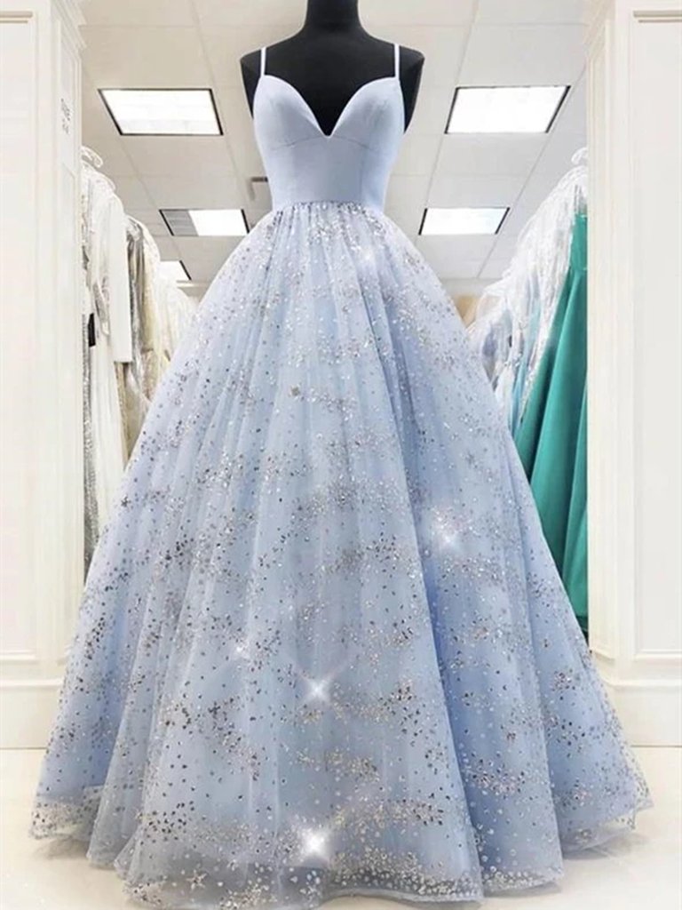 Shiny A Line V Neck Blue Tulle Prom Dresses, Blue V Neck Long Formal Evening Dresses,DS1459