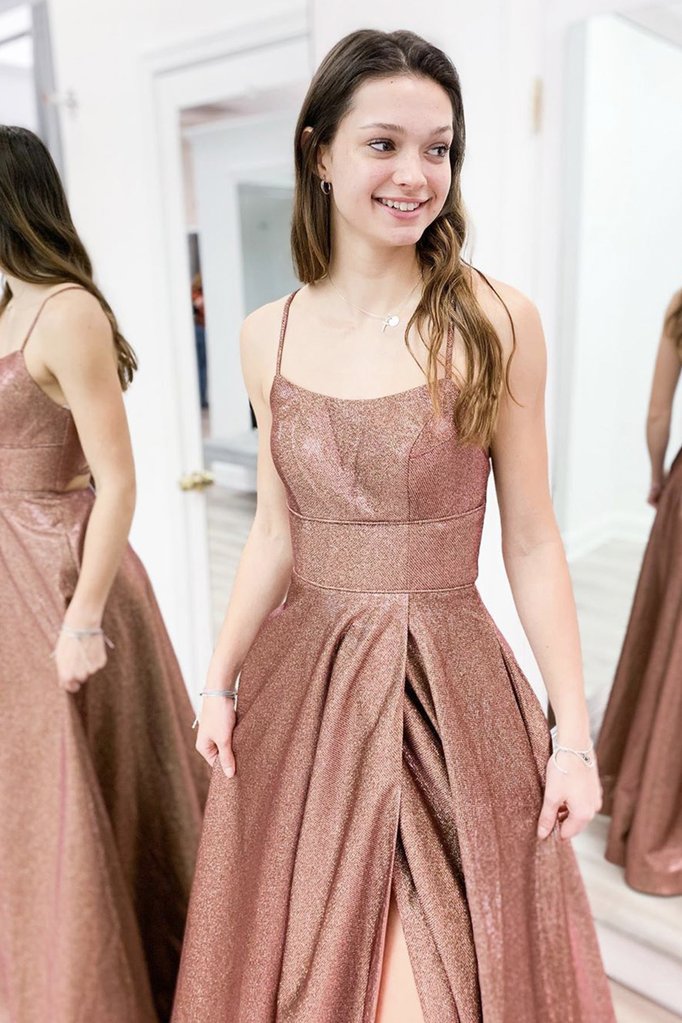 Shiny Backless Brown Long Prom Dresses, Open Back Brown Long Formal Evening Dresses,DS1430