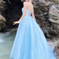 Shiny Blue Backless Prom Dresses with Thin Straps, Open Back Light Blue Formal Evening Dresses,DS1415