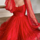 Shiny Long Sleeves Short Red Prom Dresses, Long Sleeves Short Red Formal Graduation Dresses,DS1406