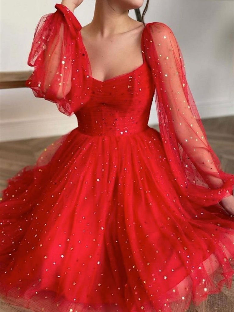 Shiny Long Sleeves Short Red Prom Dresses, Long Sleeves Short Red Formal Graduation Dresses,DS1406