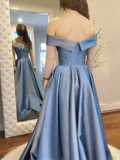 Shiny Off the Shoulder Blue Long Prom Dresses, Off Shoulder Blue Long Formal Evening Dresses,DS1412