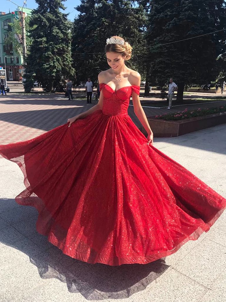 Shiny Off the Shoulder Red Long Prom Dresses, Off Shoulder Red Long Formal Evening Dresses，DS1452