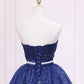 Shiny Strapless Sweetheart Neck Blue Short Prom Homecoming Dress with Belt, Sparkly Blue Formal Evening Dress,DS1034