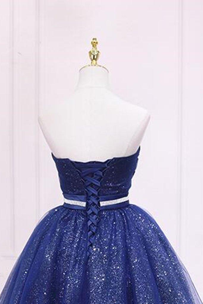 Shiny Strapless Sweetheart Neck Blue Short Prom Homecoming Dress with Belt, Sparkly Blue Formal Evening Dress,DS1034