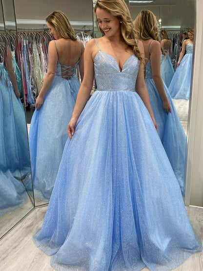 Shiny V Neck Blue Backless Prom Dresses, Open Back Light Blue Formal Evening Dresses,DS1436