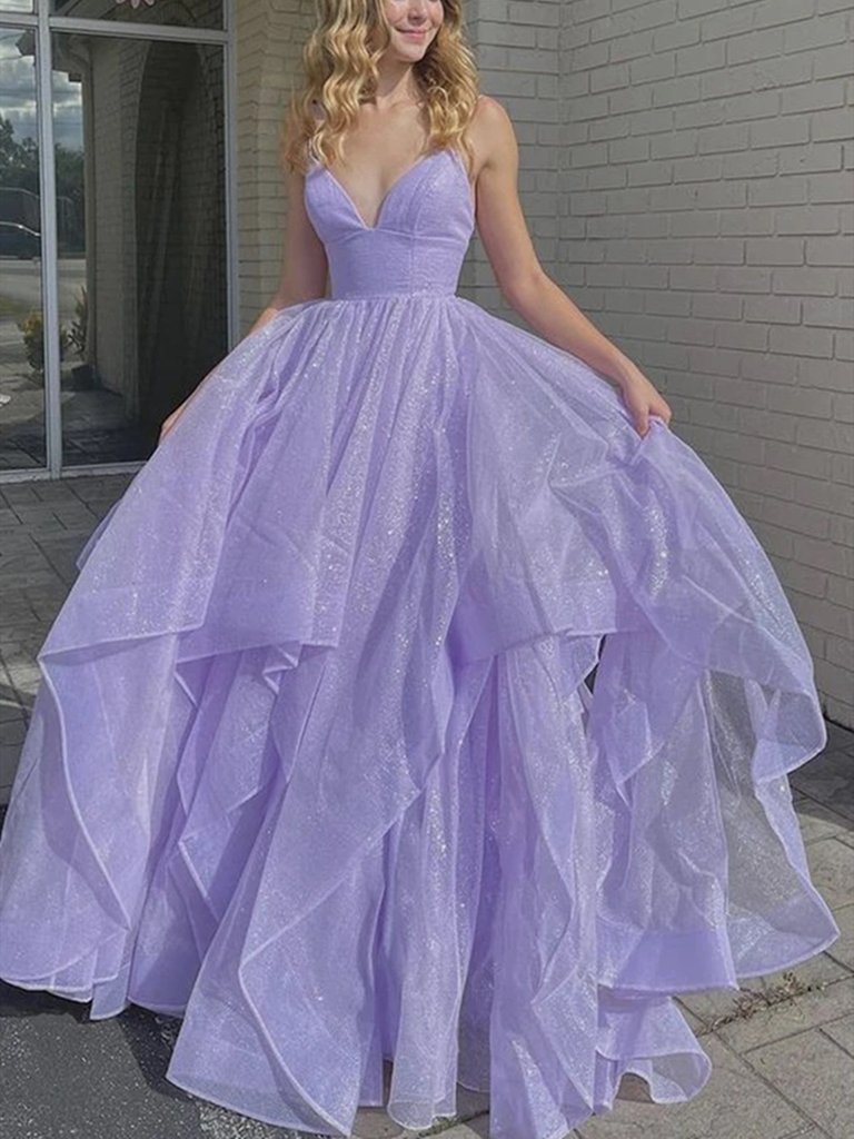 Shiny V Neck Purple Long Prom Dresses, Purple Long Formal Evening Dresses,DS1468