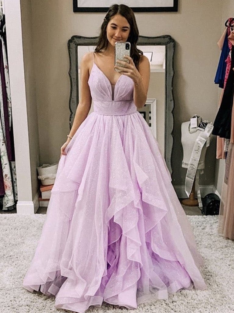 Shiny V Neck Purple Tulle Prom Dresses, Purple Long Formal Evening Dresses,DS1489