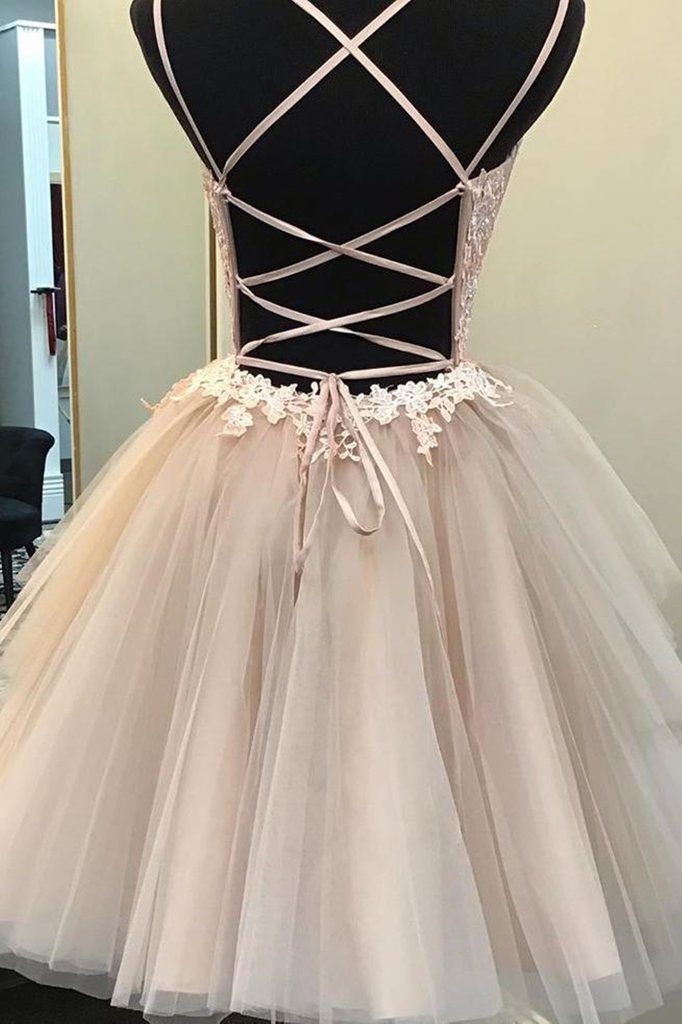 Short Backless Champagne Lace Prom Dresses, Short V Neck Champagne Lace Graduation Homecoming Dresses,DS1343