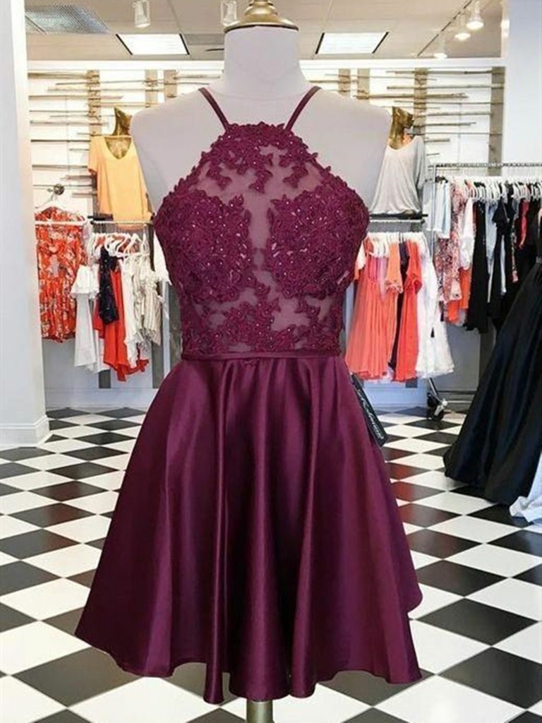 Short Burgundy Lace Prom Dresses, Burgundy Lace Formal Homecoming Graduation Dresses,DS1654