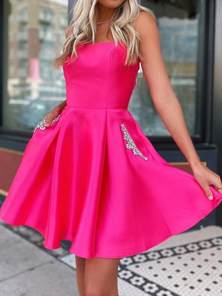 Short Hot Pink Satin Prom Dresses, Short Hot Pink Formal Homecoming Dresses,DS1630
