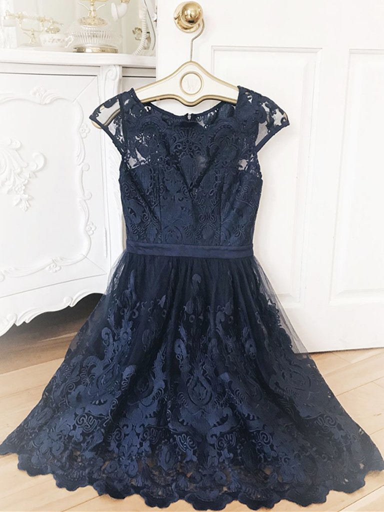 Short Navy Blue Lace Prom Dresses, Dark Blue Short Lace Formal Bridesmaid Dresses,DS1618
