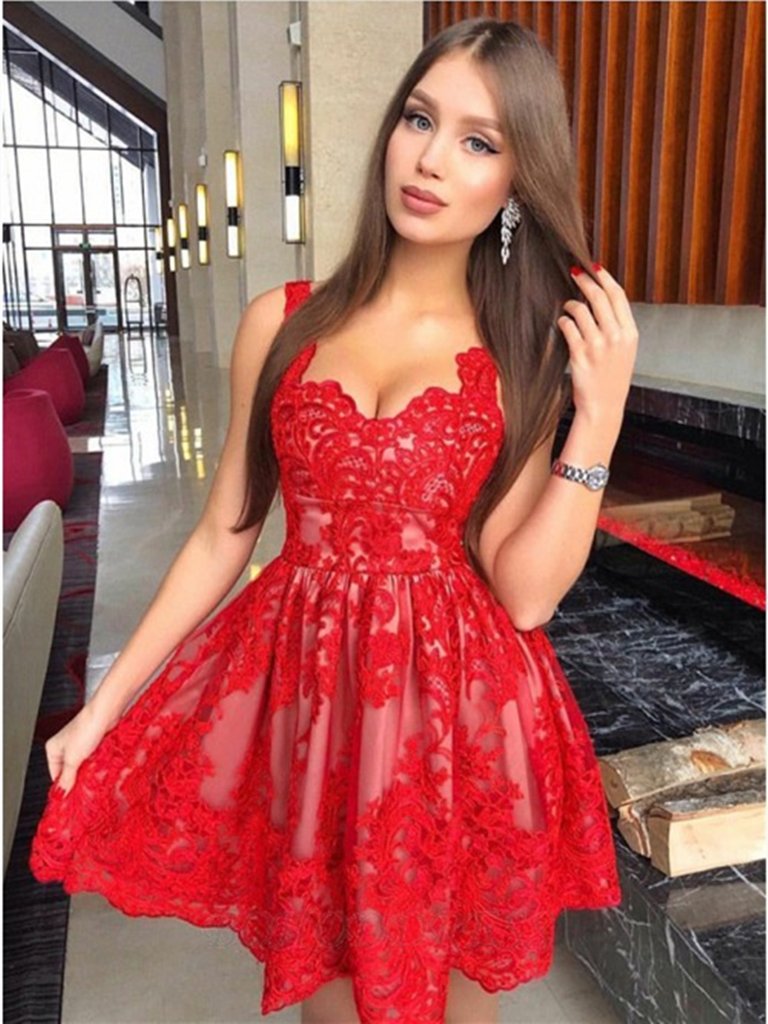 Short Red Lace Prom Dresses, Short Red Lace Homecoming Graduation Dresses,DS1363