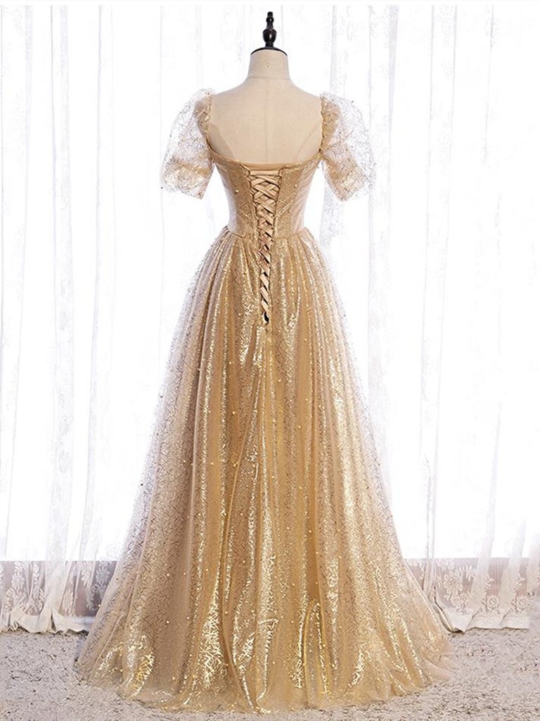 Short Sleeves V Neck Gold Tulle Long Prom Dresses, Gold Tulle Long Formal Evening Dresses,DS1487