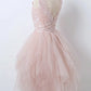 Short V Neck Pink Lace Prom Dresses, Short Pink Lace Formal Homecoming Dresses,DS1594