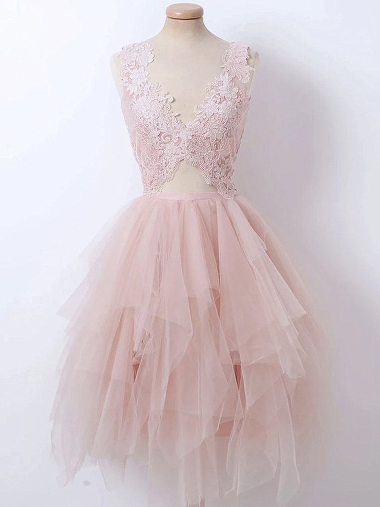 Short V Neck Pink Lace Prom Dresses, Short Pink Lace Formal Homecoming Dresses,DS1594
