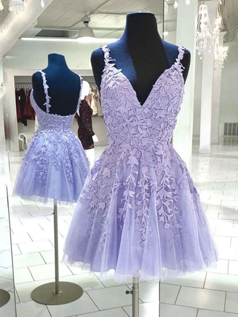 Short V Neck Purple Lace Prom Dresses, Short Purple Lace Formal Homecoming Dresses,DS1542