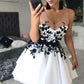 Short V Neck White Prom Dresses with Black Lace, Short Lace Homecoming Graduation Dresses,DS1369