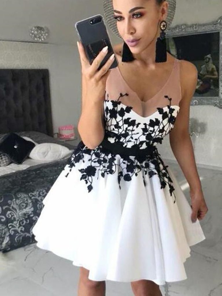 Short V Neck White Prom Dresses with Black Lace, Short Lace Homecoming Graduation Dresses,DS1369