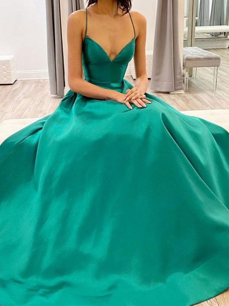 Simple Green V Neck Satin Long Prom Dresses, V Neck Green Satin Long Formal Evening Dresses,DS1617