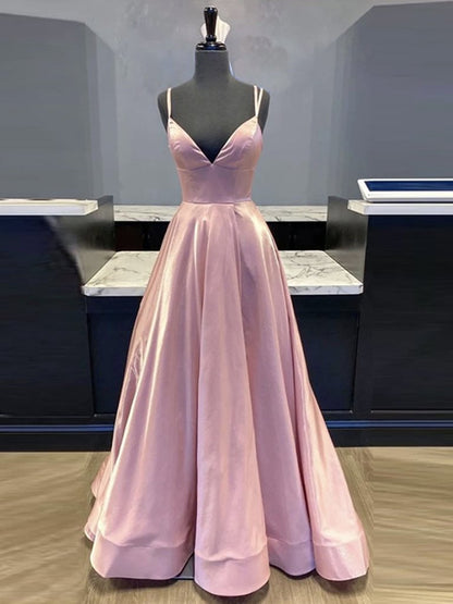 Simple A Line V Neck Pink Satin Long Prom Dresses, V Neck Pink Formal Evening Dresses.DS1681