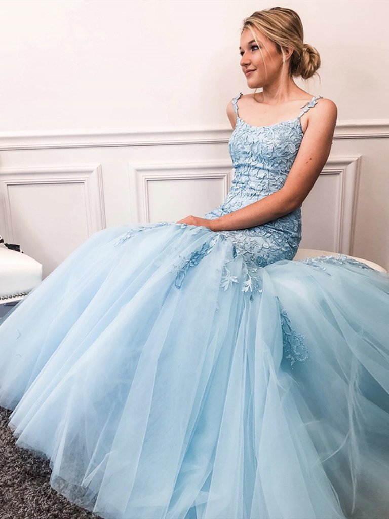 Sky Blue Mermaid Lace Prom Dresses, Blue Mermaid Lace Formal Evening Dresses,DS1491