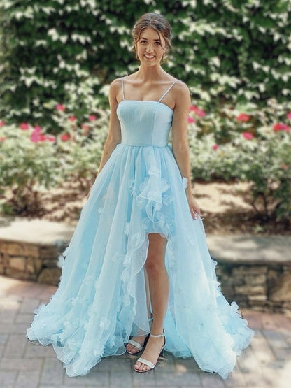 Spaghetti Straps Blue High Low Tulle Prom Dresses, Spaghetti Straps Blue High Low Formal Evening Dresses,DS1438