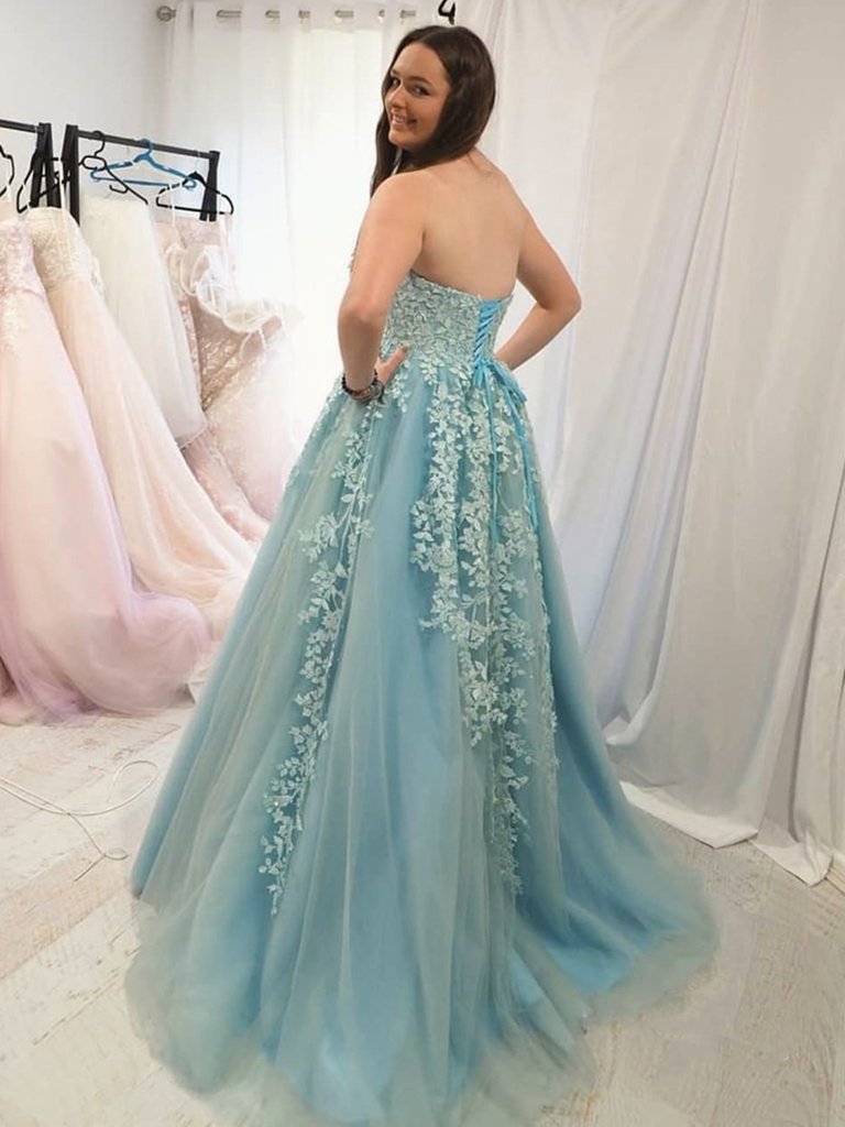 Strapless Light Blue Lace Prom Dresses, Ice Blue Lace Formal Evening Dresses,DS1475