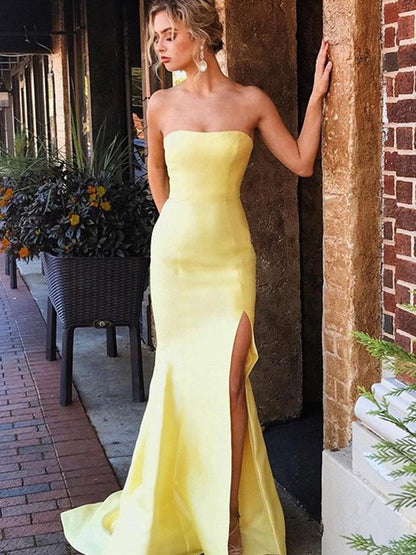 Strapless Mermaid Yellow Satin Long Prom Dresses, Strapless Yellow Formal Evening Dresses,DS1674