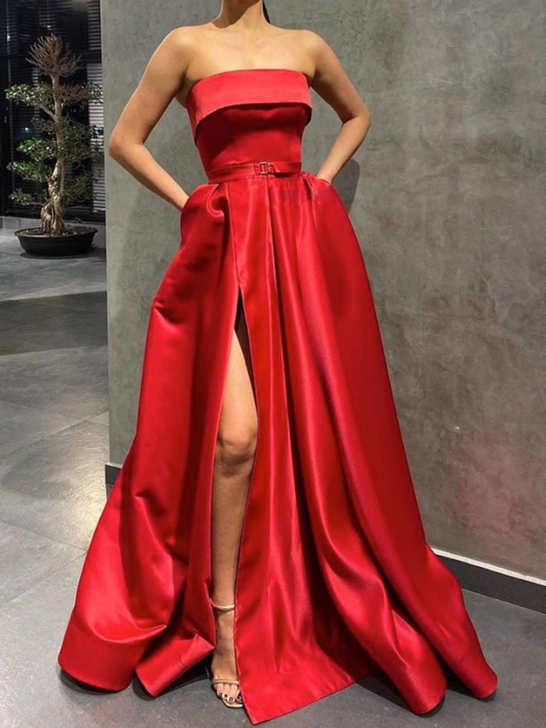 Strapless Red Satin Prom Dresses with High Slit, Red Long Formal Evening Dresses,DS1533