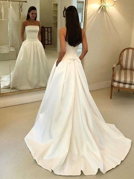 Strapless White Satin Wedding Dresses, White Satin Long Formal Prom Dresses,DS1424